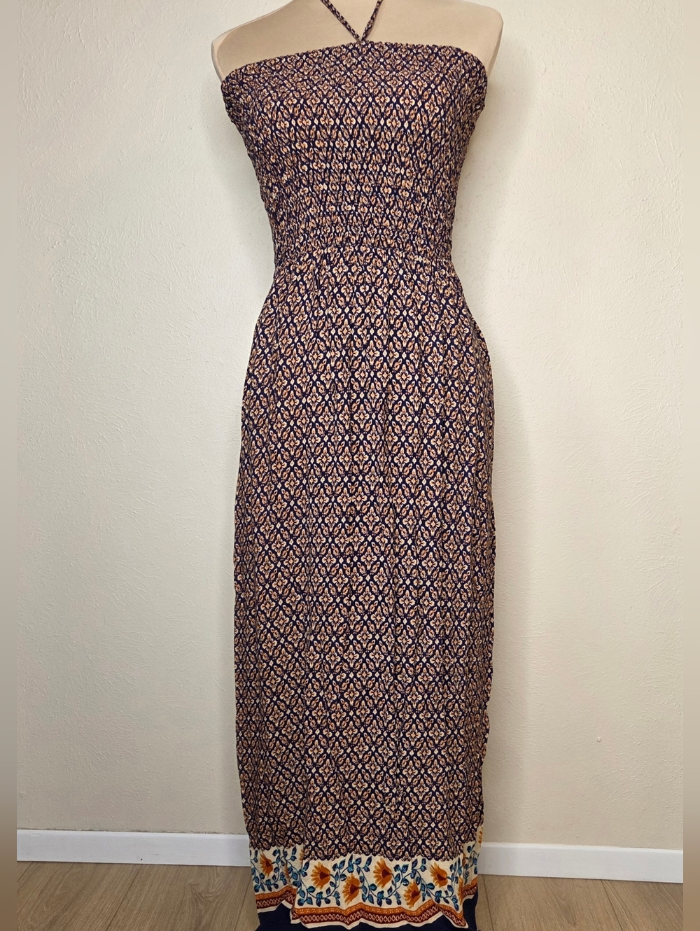 Boho Sunflower Border Maxi Dress Smocked Tube Halter Festival Coachella